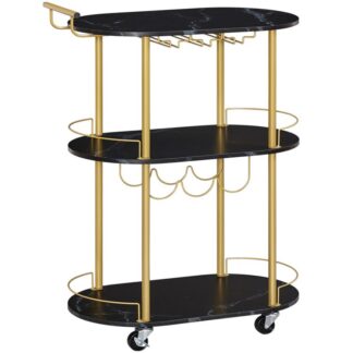 барная тележка, 3 Home Home Bar Herbing Cart с блокируемыми колесами, катание на кухне с винной стойкой и стаканами для кухни, гостиная, столовая, Мраморный черный и золотой