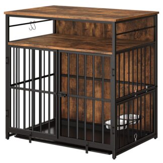 أثاث قفص الكلاب مع التخزين, 31.5" بيت الكلب الثقيل مع الأوعية & صينية قابلة للإزالة, طاولة نهاية قفص الكلب الخشبي للكلاب الصغيرة/المتوسطة, مقاومة مضغ, بني ريفي