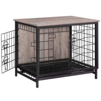 أثاث قفص الكلاب, بيت الكلب الخشبي مع صينية قابلة للإزالة, طاولة جانبية قفص الكلب الشاق, منزل الكلب الداخلي للكلاب الصغيرة/المتوسطة/الكبيرة, 25.2" ل, جريج