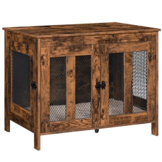 أثاث قفص للكلاب مع وسادة, طاولة نهاية بيت الكلب الخشبية للكلاب الصغيرة إلى الكبيرة, منزل كلب داخلي مع أبواب مزدوجة, كلب قفص, ريفي البني والأسود