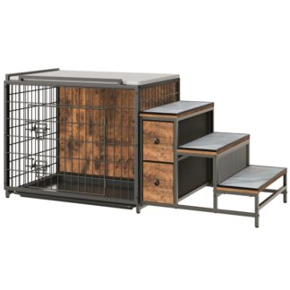 أثاث قفص الكلب, 53.1" بيت الكلب الخشبي مع أدراج التخزين ودرج السحب, جثم نافذة الكلاب مع الخطوات والسرير, قفص الكلب الثقيل للكلاب الصغيرة/المتوسطة, بني ريفي