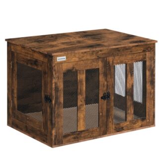 أثاث قفص للكلاب مع وسادة, بيت للكلاب شديد التحمل بأبواب مزدوجة, طاولة جانبية لمنزل الحيوانات الأليفة الخشبية المزخرفة, قفص داخلي للكلاب الصغيرة والمتوسطة, ريفي براون