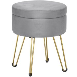 Ottoman with Storage, Round Stool with Sponge, Supports 287 lb Multipurpose Footrest Sofa Stool, Ottomans Bench for Girls, Vanity Stool for Bedroom Gray and Gold