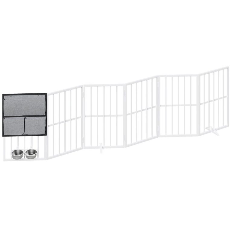 Hondenpoort binnen met hondenkommen, 94.5" Extra brede vouwhek voor deuropeningen, trap & thuis, 6 Paneel vrijstaande huisdierenpoort met steunvoeten, huisdier puppy veiligheidshek, wit