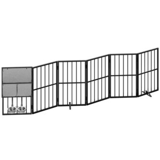 koiran portti sisätiloissa koiran kulhojen kanssa, 94.5" Erittäin leveä taitettava aita oviaukkoihin, portaat & kotiin, 6 Paneelin vapaasti seisova lemmikkiportti tukijaloilla, Lemmikkipentu turva -aita, musta