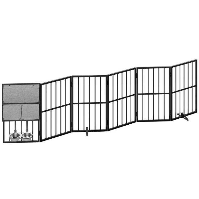 Kutya kapu beltéri kutya tálakkal, 94.5" Extra széles, hajtogató kerítés az ajtókhoz, lépcső & otthon, 6 Panel szabadon álló kedvtelésből tartott kapu tartó lábakkal, kedvtelésből tartott kiskutya biztonsági kerítés, fekete