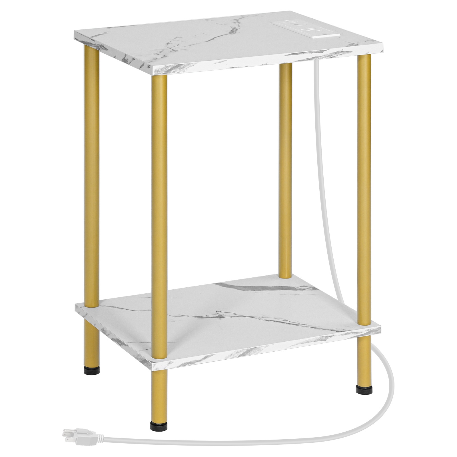 Side Table with Charging Station, End Table with USB Port and Outlet, Nightstand with 2-Layer Storage Shelves for Small Spaces, Living Room, Bedroom, Stable Frame, Gold and Marble