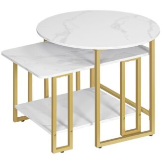 Small Coffee Table Set, Faux Marble Coffee Tables with Metal Frame, Modern Nesting Coffee Tables Set of 2, for Living Room, Marble White and Gold