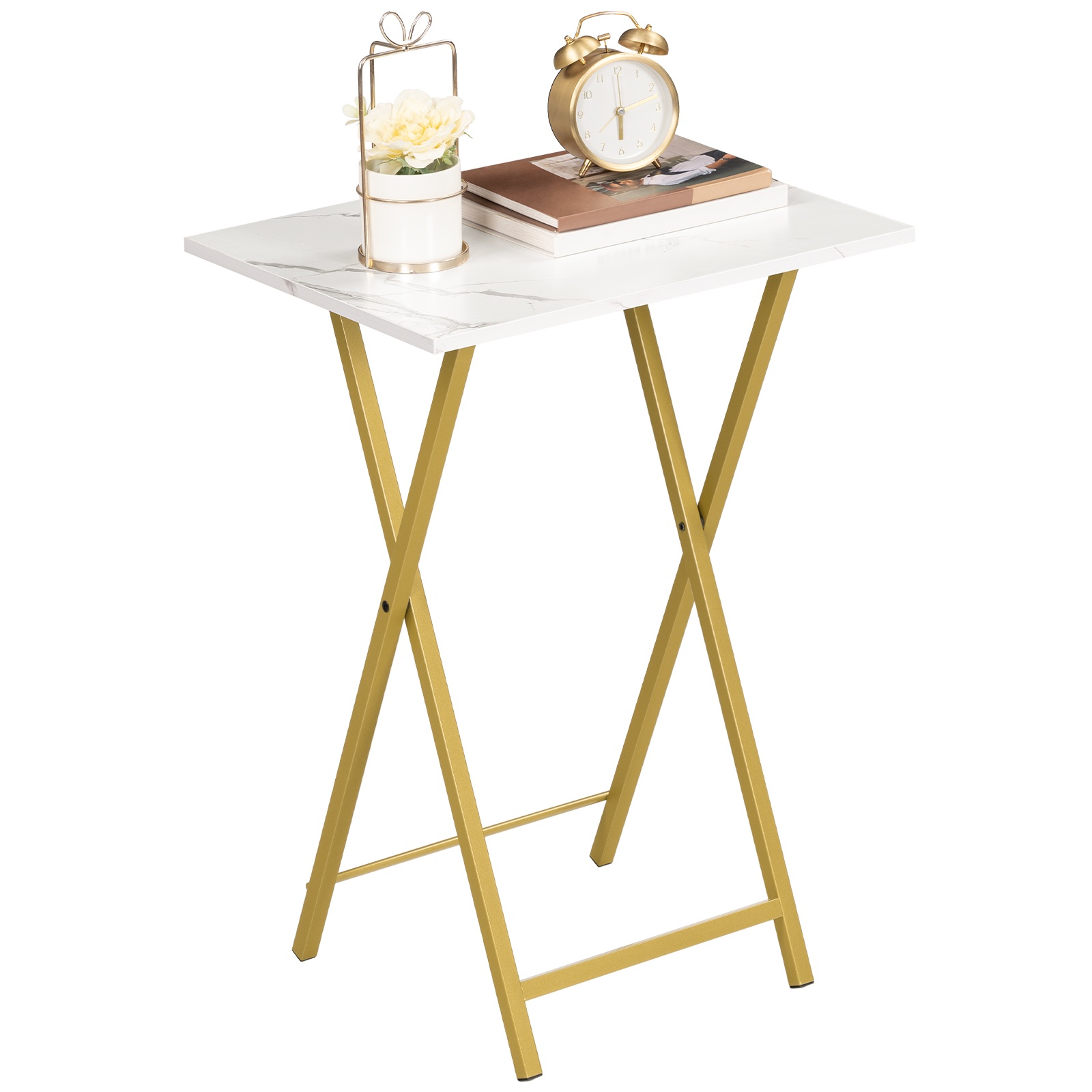 Klappt TV Schacht Dësch, Stabil Snack Dësch fir kompakt Plazen, Portable Sofa Säit Dësch, Einfach Montage a Lagerung, Gëeegent fir Snacks an Iessen am Living Room, Marmer a Gold Finish