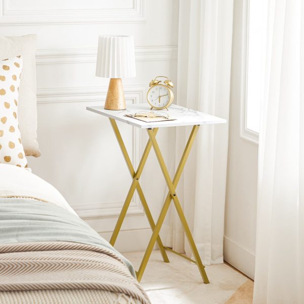 Składany stolik pod telewizor, Stabilny stół na przekąski do kompaktowych przestrzeni, Przenośny stolik boczny do sofy, Łatwy montaż i przechowywanie, Nadaje się do przekąsek i posiłków w salonie, Marmurowe i złote wykończenie