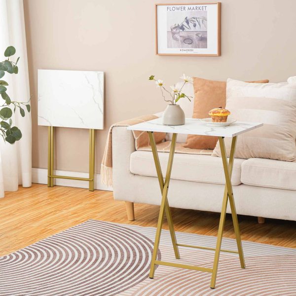 Składany stolik pod telewizor, Stabilny stół na przekąski do kompaktowych przestrzeni, Przenośny stolik boczny do sofy, Łatwy montaż i przechowywanie, Nadaje się do przekąsek i posiłków w salonie, Marmurowe i złote wykończenie