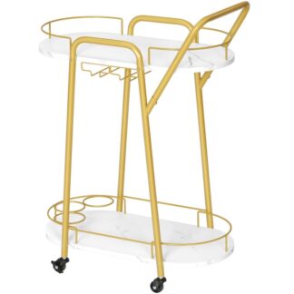 Тележка с золотыми слитками, Тележка для домашнего бара, 2-Ярусная тележка для вина с держателем для стакана и ручкой, Сервировочная барная тележка для дома, Кухня, Столовая, Вечеринка, Бар, Золото и Белый