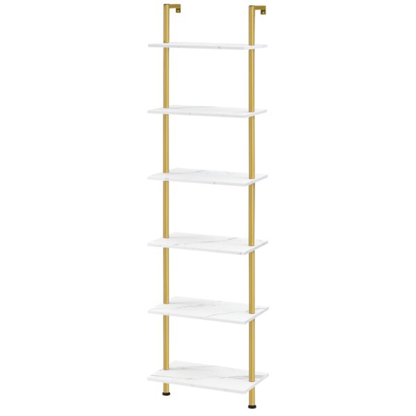 6-Επιτοίχιο ράφι σκάλας Tier DIY, Στενός Χρυσός & Μαρμάρινη Ξύλινη Βιβλιοθήκη, Πολυλειτουργικό ράφι αποθήκευσης οθόνης & Βάση φυτών για σαλόνι, Υπνοδωμάτιο, Μελέτη & Μπαλκόνι