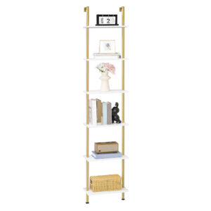 6-Tier DIY Wall-Mounted Ladder Shelf, Narrow Gold & Marble Wooden Bookcase, Multifunctional Display Storage Rack & Plant Stand for Living Room, Bedroom, Study & Balcony