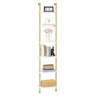 6-Tier DIY Wall-Mounted Ladder Shelf, Narrow Gold & Marble Wooden Bookcase, Multifunctional Display Storage Rack & Plant Stand for Living Room, Chambre à coucher, Étude & Balcon