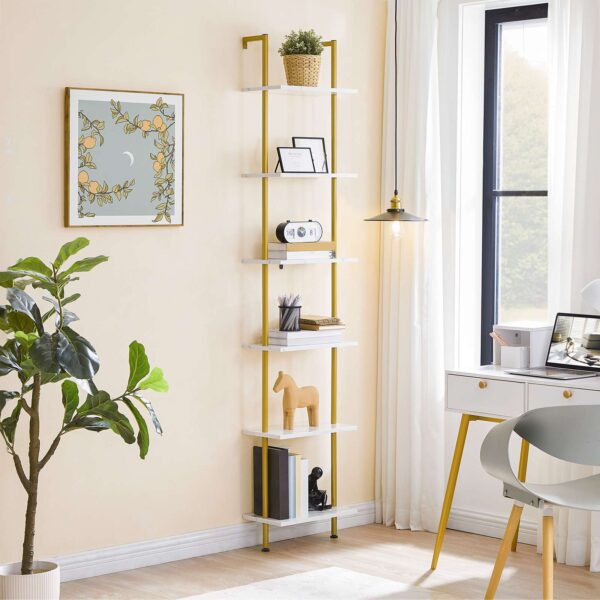 6-Επιτοίχιο ράφι σκάλας Tier DIY, Στενός Χρυσός & Μαρμάρινη Ξύλινη Βιβλιοθήκη, Πολυλειτουργικό ράφι αποθήκευσης οθόνης & Βάση φυτών για σαλόνι, Υπνοδωμάτιο, Μελέτη & Μπαλκόνι