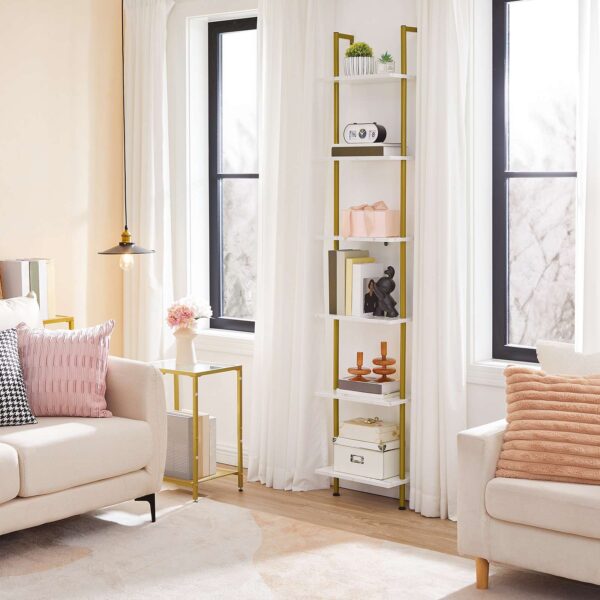 6-Επιτοίχιο ράφι σκάλας Tier DIY, Στενός Χρυσός & Μαρμάρινη Ξύλινη Βιβλιοθήκη, Πολυλειτουργικό ράφι αποθήκευσης οθόνης & Βάση φυτών για σαλόνι, Υπνοδωμάτιο, Μελέτη & Μπαλκόνι