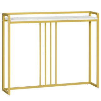 39.4" Narrow Console Table, Modern Sofa Table, Marble Veined Table Top, for Foyer, Living Room, Dining Room, Marble White and Gold