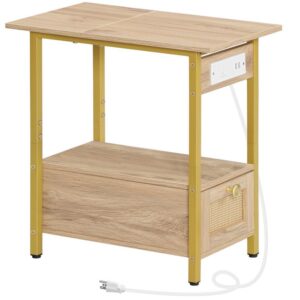 End Table with Charging Station, Narrow Side Table with Drawer and USB Ports & Power Outlets, Nightstand Bedside Tables for Small Spaces, Bedroom, Living Room, White Oak and Gold