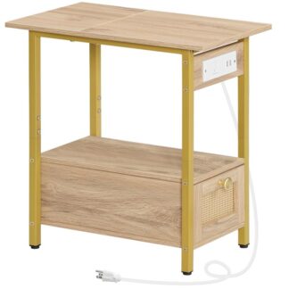 Τελικός πίνακας με σταθμό φόρτισης, Στενό τραπέζι με συρτάρι και θύρες USB & Πρίζες ρεύματος, Νυχτερινή κομοδίνο κομμάτια για μικρούς χώρους, Υπνοδωμάτιο, Καθιστικό, Λευκή βελανιδιά και χρυσό