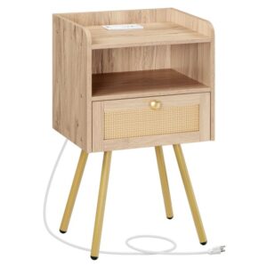 nightstand with charging station, bed side table with rattan-like decor drawer, rattan end table with open storage, bedside table for bedroom, living room, study room white oak