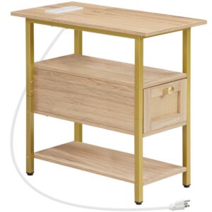 end table, side table with charging station, nightstand with drawer, rattan-style coffee table, slim bedside table for small spaces, living room, bedroom, white oak and gold
