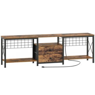Βιομηχανική στυλ τηλεόρασης με έξοδο τροφοδοσίας 75 Ιντσα, Vintage Entertainment Center με 2 Υφασμάτινα Συρτάρια, Τραπέζι κονσόλας τηλεόρασης με ανοιχτά ράφια αποθήκευσης για τηλεοράσεις, Διαχείριση καλωδίων, για Σαλόνι, Υπνοδωμάτιο