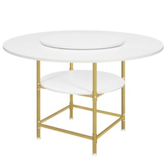 Στρογγυλό τραπέζι για 4, Τραπέζι δείπνου με ράφι αποθήκευσης, 47.2'' Τραπέζι τραπεζαρίας, Τραπέζι κύκλου, Αγρόκτημα ξύλο κουζίνα για τραπεζαρία σαλόνι, Λευκός και χρυσός