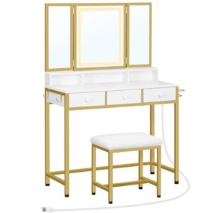 vanity desk set, makeup vanity set, with led lighted mirror and power outlet, vanity table with tri-fold mirror and 3 drawers, sponge-padded makeup stool, for bedroom, white and gold