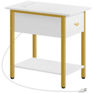 طاولة جانبية مع محطة شحن, طاولة نهاية ضيقة, طاولة سرير جانبية, طاولة جانبية للأريكة مع درج, 2-طاولة القهوة الطبقة, توفير المساحة, غرفة الجلوس, غرفة نوم, يذاكر, الذهب والأبيض