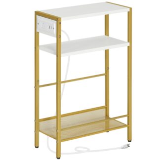 Kleiner schmaler Beistelltisch mit Ladestation, Schmaler Beistelltisch für kleine Räume, Schlanker Nachttisch mit USB-Anschlüssen, Sofa neben Tisch mit Ablagefach, Weiß und Gold