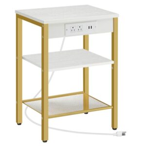 end table with charging station and usb ports, 3-tier nightstand with adjustable shelves, narrow side table for small space in living room, bedroom and balcony, white and gold
