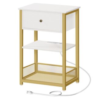 Тумбочка з зарядною станцією, Бічний стіл з ящиком та сітчастою полицею, Кінцевий стіл з відкритим та прихованим сховищем, Сучасний стиль, для спальні, Офіс, дослідження, Білий і золото