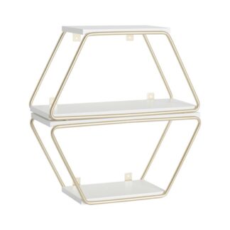 رفوف عائمة ذهبية, مجموعة رفوف مثبتة على الحائط شبه منحرفة 2, رف معلق بطبقة مزدوجة, تركيبات مجانية لرف الحائط, لغرفة المعيشة والحمام وغرفة النوم والمطبخ, الأبيض والذهبي