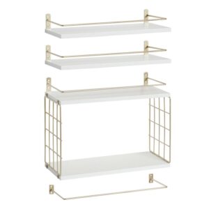4+1 tier floating shelves, bathroom shelves over toilet with wire storage basket, wall mounted floating shelf for wall decor, wall shelf for bedroom living room kitchen white and gold