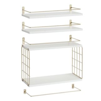 4+1 tier floating shelves, bathroom shelves over toilet with wire storage basket, wall mounted floating shelf for wall decor, wall shelf for bedroom living room kitchen white and gold