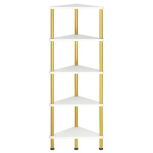 corner shelf, industrial 5-tier wall corner bookshelf with metal frame, corner shelf stand display plant flower, corner bookcase for small spaces, bedroom, living room, white and gold