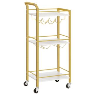 Барная тележка для дома, 3-Ярусная кухонная тележка с винной стойкой и держателями для стаканов, Сервировочная тележка на колесах, Тележка для кофе на колесиках для бара, Кухня, Гостиная, Белый и Золотой