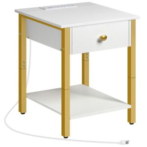 Nightstand with Charging Station, End Table with USB Ports, Side Table with Drawer and Storage Shelf, Bedside Table for Small Spaces and Bedroom, White and Gold