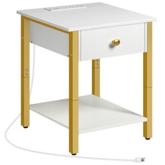 Nachtkastje met laadstation, Bijzettafel met USB-poorten, Bijzettafel met lade en opbergplank, Nachtkastje voor kleine ruimtes en slaapkamer, Wit en goud