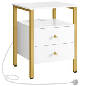 bedside table with charging station, bedside table with usb, charging side table, 2 ac outlets and 2 usb ports, bedside table with 2 drawers, sofa side table, white and gold