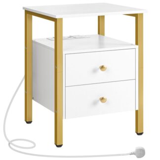 mesita de noche con estación de carga, Mesa de noche con USB, mesa auxiliar de carga, 2 puntos de venta de aire acondicionado y 2 puertos USB, mesita de noche con 2 cajones, mesa auxiliar del sofá, blanco y dorado