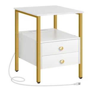 End Table with Charging Station, Bedside Table with 2 Drawer & USB Ports & Power Outlets, Nightstand for Small Spaces, Stable and Sturdy, for Living Room, Bedroom, White and Gold
