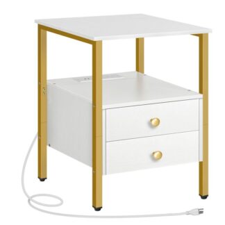 Mesa auxiliar con estación de carga, Mesita de noche con 2 Cajón & Puertos USB & Enchufes de electricidad, Mesita de noche para espacios pequeños, Estable y resistente, para sala de estar, Dormitorio, Blanco y dorado