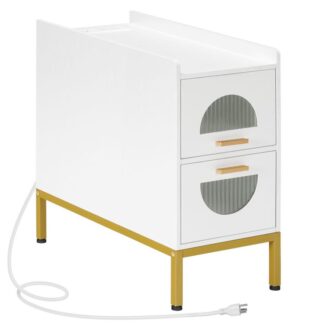 Schmaler Beistelltisch mit Ladestation, Schlanker Nachttisch für kleine Räume, Beistelltisch mit 2 Schubladen, Nachttisch im modernen Stil, für Zuhause, Schlafzimmer, Wohnzimmer, Weiß und Gold