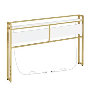 Queen Size Headboard, Headboard with 2 Outlets and 4 USB Ports, Adjustable Height, Storage Rack, Sturdy and Stable, Easy Assembly, White and Gold