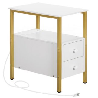 end table with charging station, narrow side table with 2 drawer & usb ports & power outlets, nightstand for small spaces, stable and sturdy, for living room, bedroom, gold and white