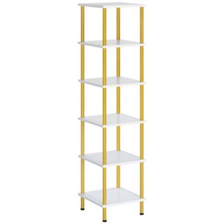 6-Tier Corner Shelf, Corner Square Rack Display Shelf, Tall Storage Rack Plant Stand, Corner Bookcase for Small Spaces, Living Room, Home Office, Kitchen, White and Gold