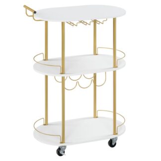 Золотая барная тележка, 3 Home Home Bar Herbing Cart с блокируемыми колесами, катание на кухне с винной стойкой и стаканами для кухни, гостиная, столовая, золото и белый