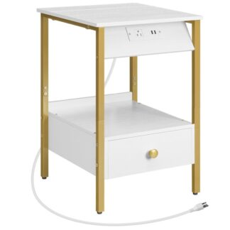 тумбочка з зарядною станцією, простий кінцевий таблиця з ящиком, Відкрите та приховане зберігання, Сучасний бічний стіл дивана, для спальні, вивчення, офіс, Білий і золото